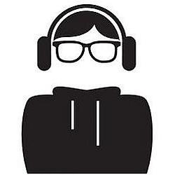 Black and white silhouette illustration of a generic person with headphones, glasses, and a hoodie.